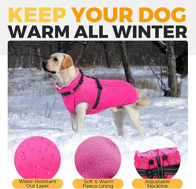 Lelepet Dog Winter Coat Waterproof Dog Jacket with Harness Built in Windproof Reflective Pet Coats for Small Medium Large Dogs, Thermal Fleece Lined Coats for Cold Weather Walking Hiking, Pug, M