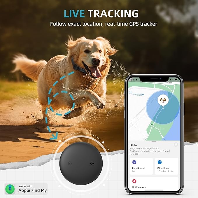 (1 Pack) GPS Tracker for Dogs, Mini GPS Cat Tracker, Smart Pet Activity Tracker (iOS Only), No Monthly Fee, Compatible with Apple Find My, Anti-Lost, Finder Tag for Vehicles/Pets/Kids/Items