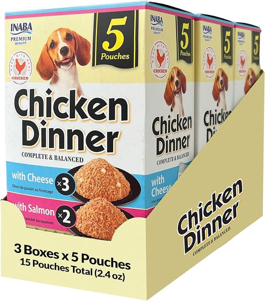 INABA Chicken Dinner for Dogs, Soft Pate Wet Dog Food, Complete & Balanced, 2.4 oz. Pouch, 15 Pouches, Cheese & Salmon Variety