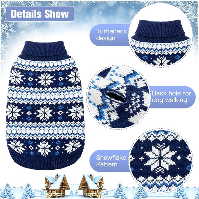 KOOLTAIL Cable Knit Dog Sweater Turtleneck, Cold Weather Pullover Classic Knitwear, Snowflake Pattern Thick Warm Winter Pet Clothes, Dog Christmas Sweater for Small Medium Large Dogs Cats, Navy Blue L