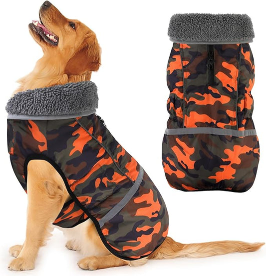 Dogcheer Warm Dog Coat, Waterproof Dog Jacket Christmas Puppy Winter Coat with Buckle, Reflective Adjustable Pet Snow Jacket Turtleneck Fleece Sweater for Small Medium Large Dogs - Orange Camo, 3XL