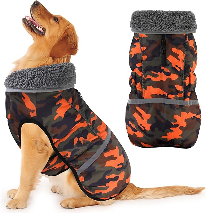 Dogcheer Warm Dog Coat, Waterproof Dog Jacket Christmas Puppy Winter Coat with Buckle, Reflective Adjustable Pet Snow Jacket Turtleneck Fleece Sweater for Small Medium Large Dogs - Orange Camo, 2XL