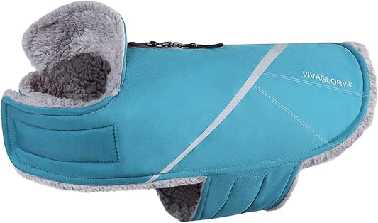 VIVAGLORY Snowrap Dog Coat, Jacket with Harness Hole & Velcro Closure, Dog Coat for Winter & Cold Weather, Fluffy Warm Fleece Lined Reflective Water Resistant for Puppy, M, Turquoise