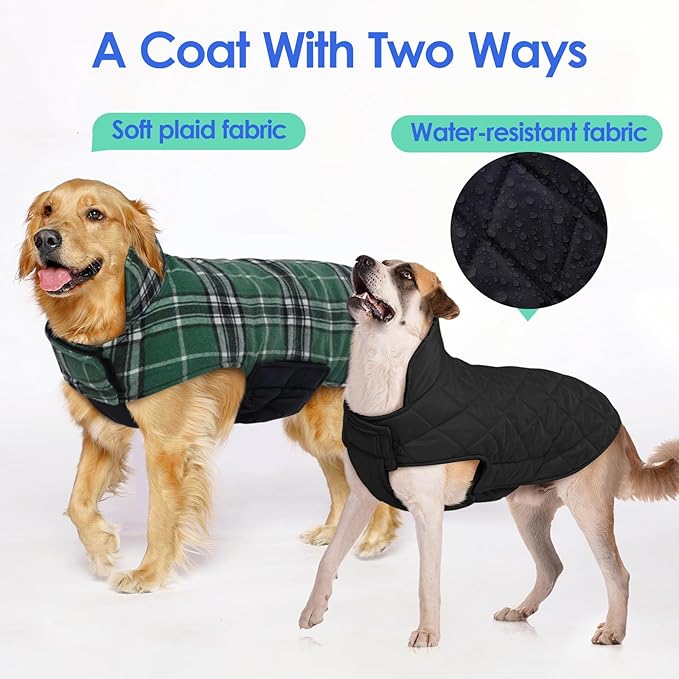 MIGOHI Reversible Dog Coat, Windproof, Waterproof Winter Jacket for Cold Weather, Plaid Dog Coats for Male Female, Green, L