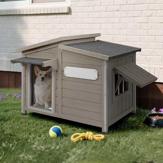 Outdoor Dog House, Weatherproof Wooden Kennel for Medium Dogs, Large Wooden Dog House with Chew-Proof Iron Frame, Removable Floor (Grey, 43.5" D x 29.5" W x 33.5" H) (Grey, 34" D x 22" W x 26.5" H)
