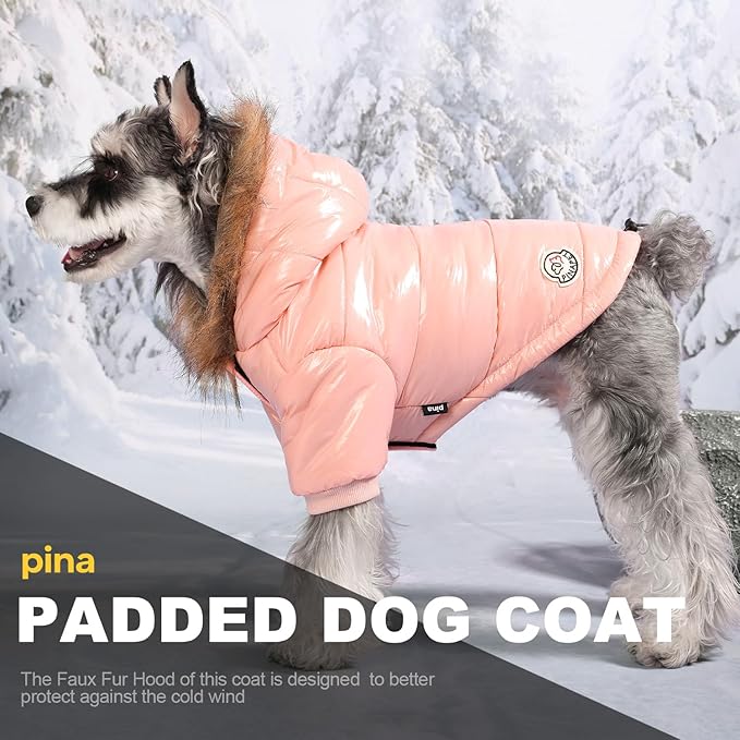 PINA Dog Winter Coat with Faux Fur Hood, Windproof and Warm, Suitable for Small to Large Dogs, Pink, Large