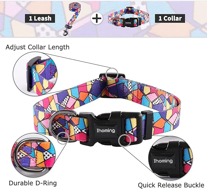 Ihoming Dog Collar and Leash Set for Daily Outdoor Walking Running Training, Geometric Design for Medium Boys Girls Dogs Cats Pets, M-Up to 45LBS