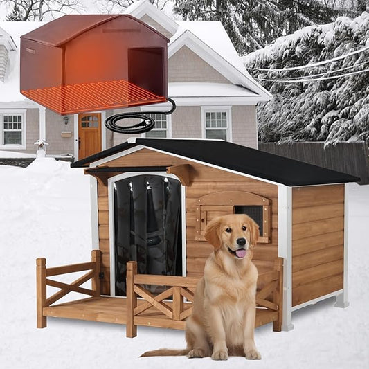 Heated Dog House for Outdoor Use with Matel Frame, Waterproof Design & Heating Blanket - All-Weather Wooden Kennel with Sliding Window & Metal Frame (Brown-H, L)