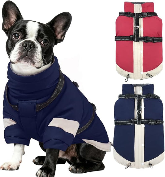 MIGOHI Dog Coat with Harness Built in, 2-in-1 Windproof Dog Winter Jacket, Thermal Reflective Snowsuit with Turtleneck, Back Zipper Fleece Coat for Small Dogs, Chihuahua, Navyblue, XS