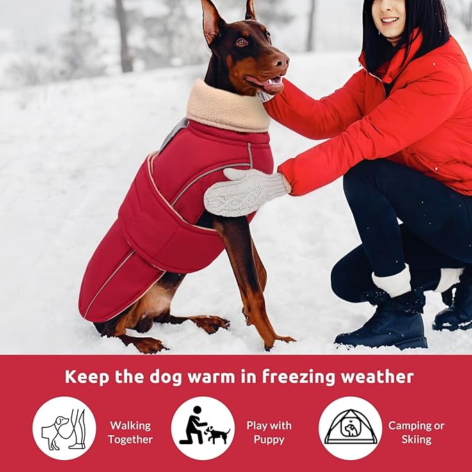 ASENKU Warm Dog Coat, Waterproof Dog Jackets for Large Dogs with Reflective Fleece Vest Turtleneck with Button, Windproof Cold Weather Coats for Small Medium Large Dogs, Dark Red, L