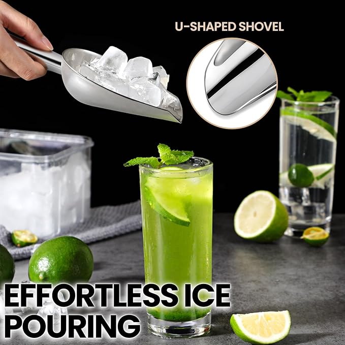 12oz Stainless Steel Ice Scoop for Freezer with Magnetic Hook– Dishwasher Safe Ice Scooper for Ice Machine with Long Handle – Metal Scoop for Ice Bucket, Dog Food, Flour, Canisters
