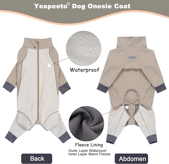 Dog Full Body Winter Coat, Waterproof Fleece Jacket for Small Medium Large Dogs Reflective Snowsuit with Zipper for Outdoor Skating (Beige, 7XL(Weight 100-138 lbs))