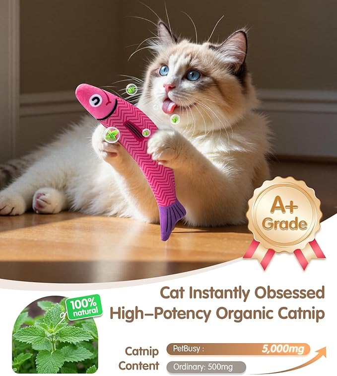 Cat Toys with[5000mg A+Natural Catnip &Silvervine] [Baby Grade] Interactive Soft Chew Kicker Cat Toys for Indoor Cats & Kittens, [Crinkle &Bell] Fish Sound Toy, Drives Bored Cat Crazy with Fun