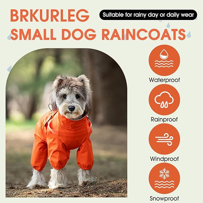 BRKURLEG Dog Raincoat for Small and Medium Dogs, Small Dog Rain Jacket with Harness Built in, Waterproof 4 Legs Pet Raincoats, Puppy Outdoor Jacket with Reflective Strip, Orange, XXXL