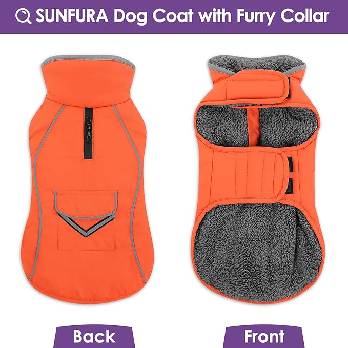 SUNFURA Large Dog Coat, Warm Dog Winter Coat Jacket with Thick Furry Collar, Adjustable Pet Fleece Jacket Turtleneck Snowsuit for Large Dogs for Chilly Day, Orange XL