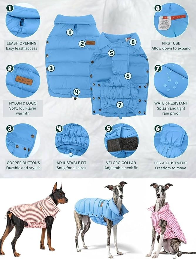 SPACE LION Dog Puffer Jacket, Down Winter Coat, Durable Outdoor Coat for Cold and Windy Conditions, Waterproof, Lightweight Jacket, Adjustable Fit for Small, Medium, Large Dogs(Blue,10/S)
