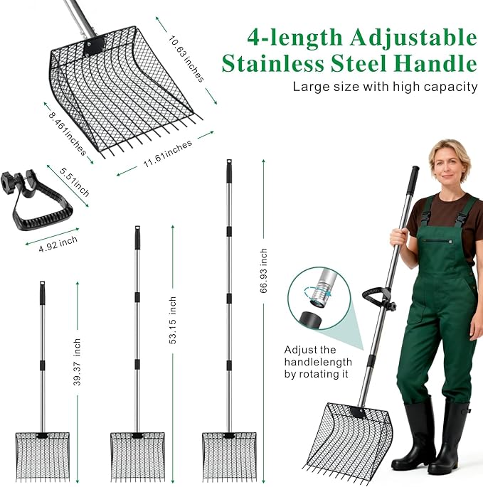 11.61" Chicken Poop Scooper & Rake, Otunrues Pooper Scoopers, 25" to 67" Large Metal Stainless Steel Chicken Litter Scoop with Handle for Farm Pet Waste Cleaning Sifting Litter Shovel
