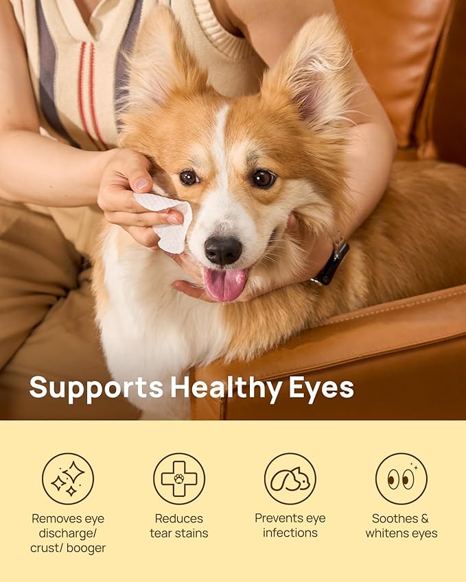 HICC PET Eyes Wipes for Dogs & Cats, Vet-Recommended Dog Eye Infection Treatment, Gently Remove Tear Stain, Debris, Discharge - Hypoallergenic Pet Eye Wash Cleaner for Eyes, Wrinkle, Face - 200pcs