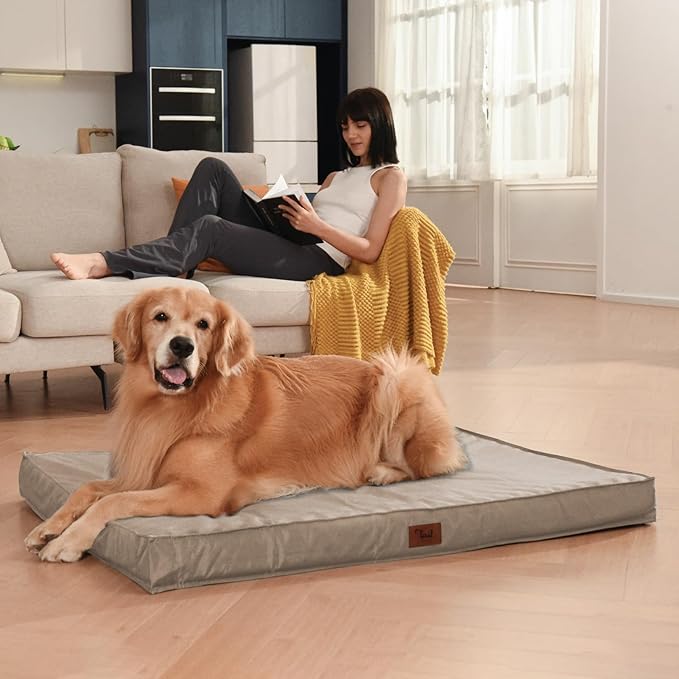 Outdoor Dog Bed for Medium Dogs, Waterproof Dog Crate Mat Orthopedic Egg Crate Foam Pet Bed with Washable Removable Oxford Cover, Khaki