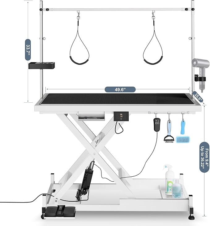 50" Electric Dog Grooming Table 9"- 37" Height Adjustable Heavy Duty Professional Lift Dog Grooming Table for Large Dogs with 2 Nooses, 4in1 Comb & Nail Care Set, Blow Dryer Clip White