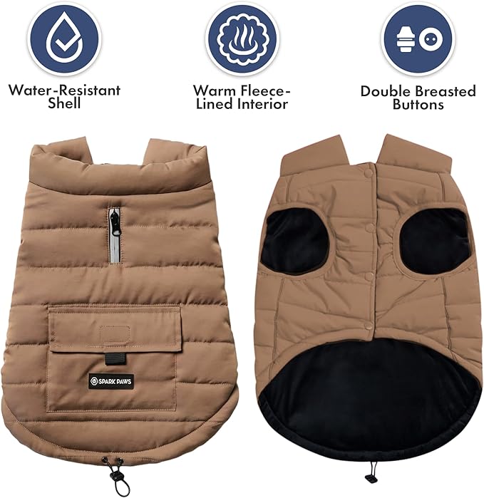 Spark Paws Dog Winter Jacket, Water-Resistant Coat, Warm Reflective Windproof Fleece-Interior, for Medium and Large Dogs - Tan - 4XL