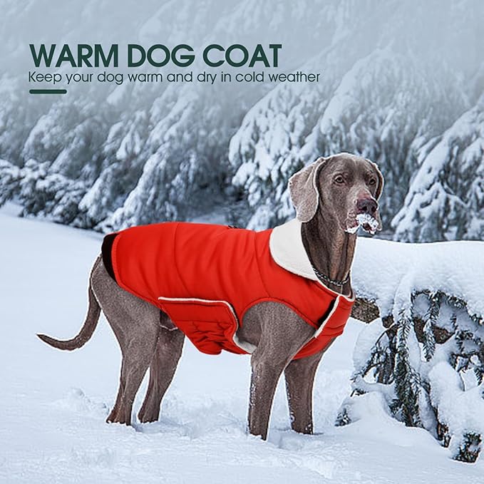 Kuoser Dog Coat Large, Cold Weather Reflective Waterproof Dogs Jacket with Warm Fleece Lining, Turtleneck Dog Winter Coat with Zipper, Doggy Snow Jacket Pet Coats for Small Medium Large Dogs, Red 2XL