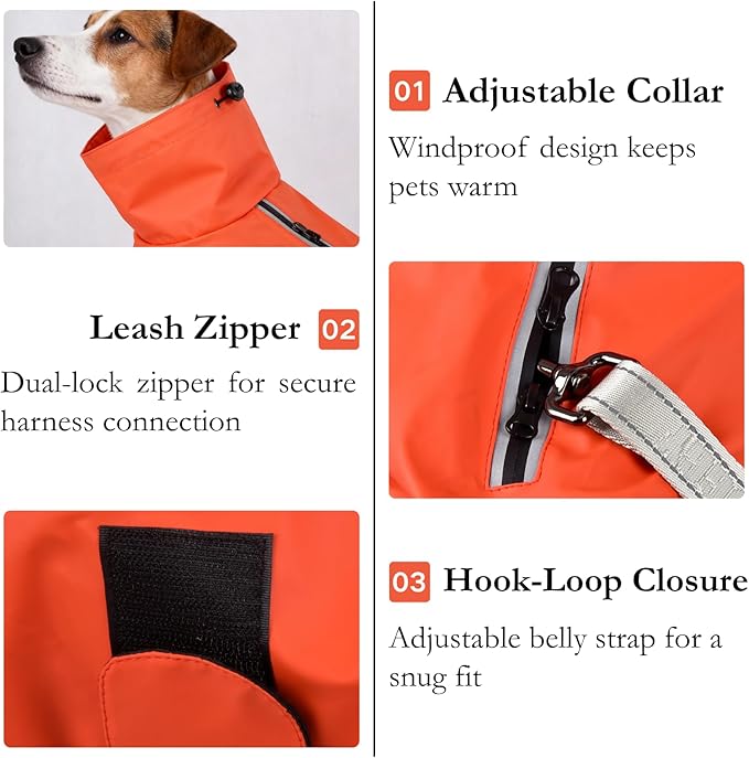 Dog Water-Repellent Raincoat Jacket, Lightweight Reflective Waterproof Clothes for Small Medium Large Dogs, Outdoor for Fall & Spring (Orange, L)