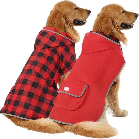 HDE Reversible Dog Raincoat Hooded Slicker Poncho Rain Coat Jacket for Small Medium Large Dogs Buffalo Plaid Red - L