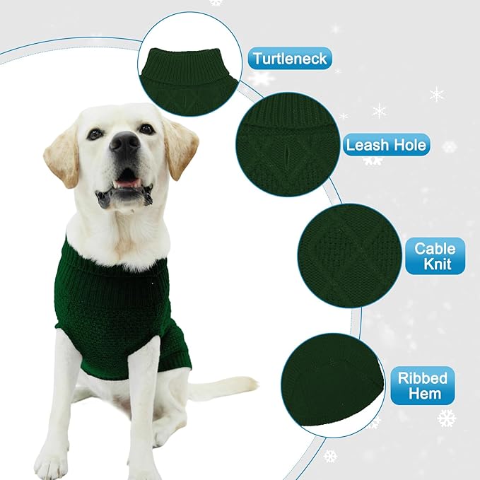 Mihachi Turtleneck Dog Sweater - Winter Coat Apparel Classic Cable Knit Clothes with Leash Hole for Cold Weather, Ideal Gift for Pet in New Year Army Green Medium/Large