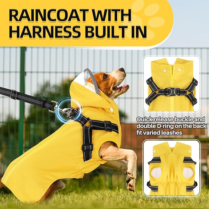 Lukovee Dog Raincoat - Waterproof Rain Jacket with Harness & Removable Hood, Reflective Double Layer Dog Rain Coat Poncho for Small Medium Large Dogs Puppy (3XL, Y)