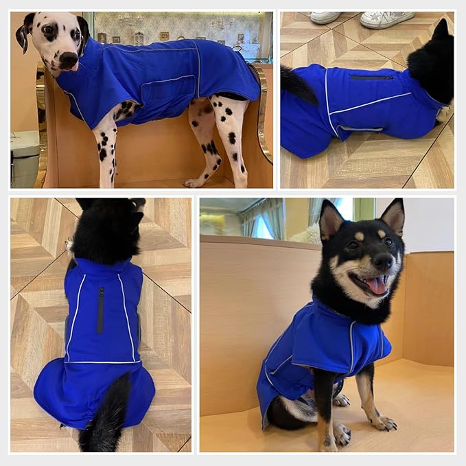 ROZKITCH Great Dane Clothes, Waterproof Dog Rain Jacket with Fleece Liner and Leash Hole Reflective Strip for Extra Large Dog, Windproof Adjustable Poncho Vest for Outdoor Hiking Travel Blue 3XL