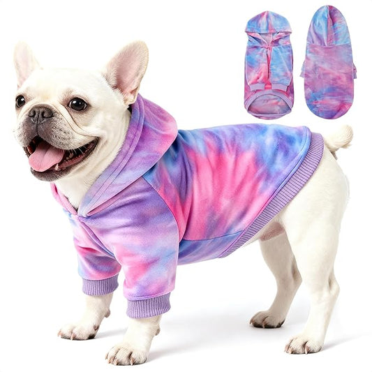 WOYYHO Premium Velvet Tie Dye Dog Hoodie & Sweatshirt - Soft Lightweight Pullover Dog Sweater for Small Medium Dogs, Cozy Dogs Sweater for Puppy Dachshund French Bulldog Multi Pink Purple L