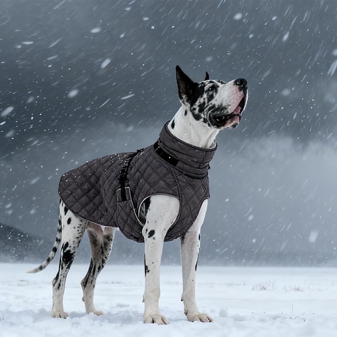 Kuoser Dog Coat Warm Fleece Lining Turtleneck Dog Jacket with Harness Built-in, Adjustable Windproof Cold Weather Coats with Quick Release Buckle Pet Winter Snowsuit for Large Dogs, Grey XL