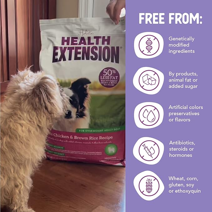 Health Extension Lite Chicken & Brown Rice Dry Dog Food, Low Fat Formula Supports Healthy Weight, with Probiotics & Superfoods for Digestion & Coat Health (15lb)