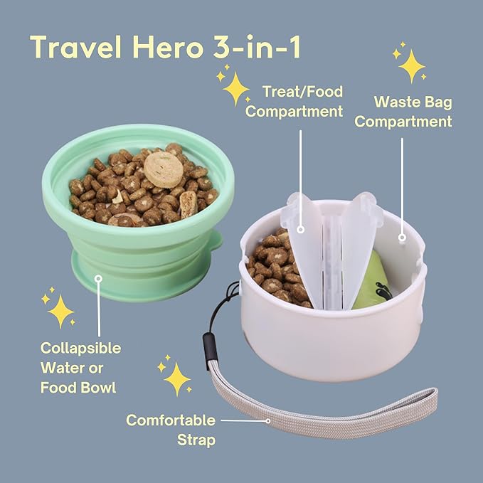 Sweet Paws Travel Hero 3-in-1 Portable Pet Food Container, Silicone Water Bowl, and Poop Bag Dispenser in One, Lavender Cream