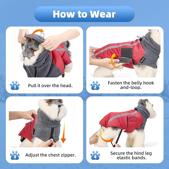 SlowTon Winter Dog Coat, Warm Polar Fleece Lining Doggie Outdoor Jacket with Turtleneck Scarf Reflective Stripe Adjustable Waterproof Windproof Puppy Vest Soft Pet Outfits (XL,Red)