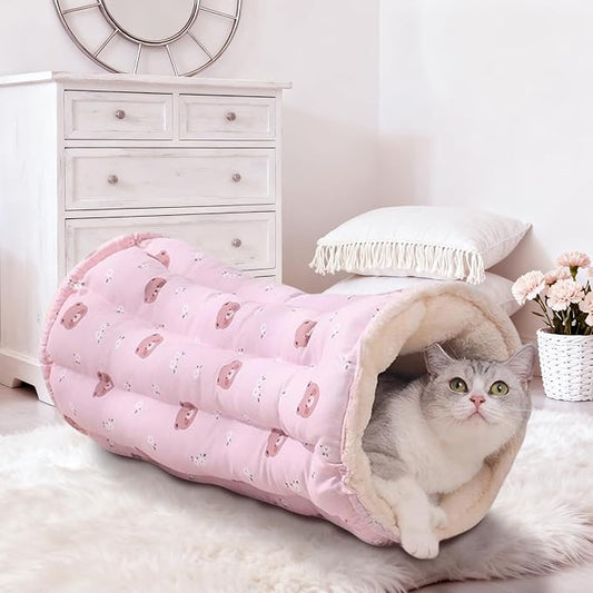 Geometric Cat Tunnel Toy with Winter Warm Cat Bed, Reversible Plush & Fleece, Collapsible Pet Play Mat for Indoor Rabbits, Kittens, Ferrets,Puppy,Diameter 11 Inch (Pink)