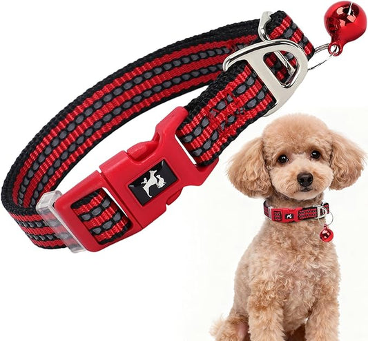Adjustable Puppy Collar with Bell - Reflective Nylon Dog Collar for Small Breeds, Chihuahua Pomeranian, Nighttime Safety, Gift for Dog Lovers (Red, XS)