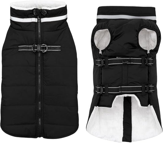 Large Dog Coat with Harness Built-in, Waterproof Reflective Fleece Lined - Warm Windproof Winter Jacket with Back Zipper, Cold Weather Snow Dog Coats - Black - XL
