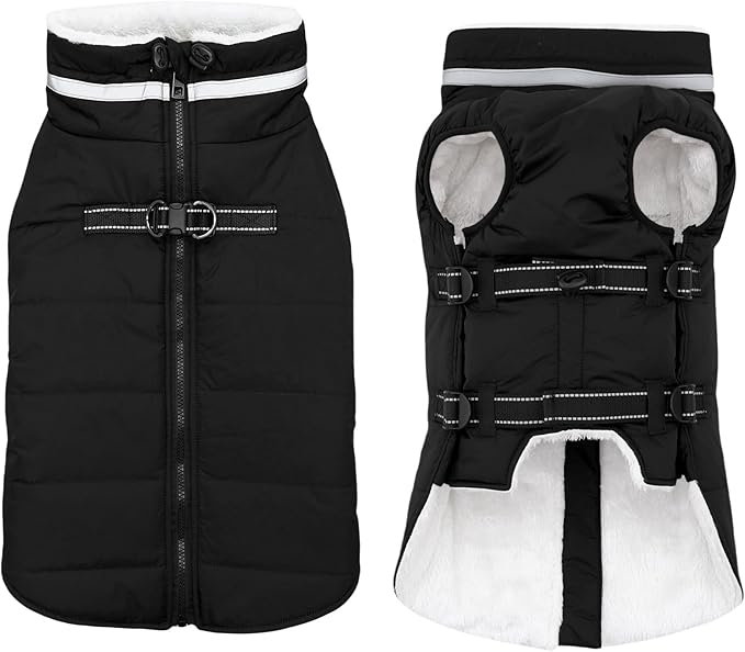 Large Dog Coat with Harness Built-in, Waterproof Reflective Fleece Lined - Warm Windproof Winter Jacket with Back Zipper, Cold Weather Snow Dog Coats - Black - 3XL