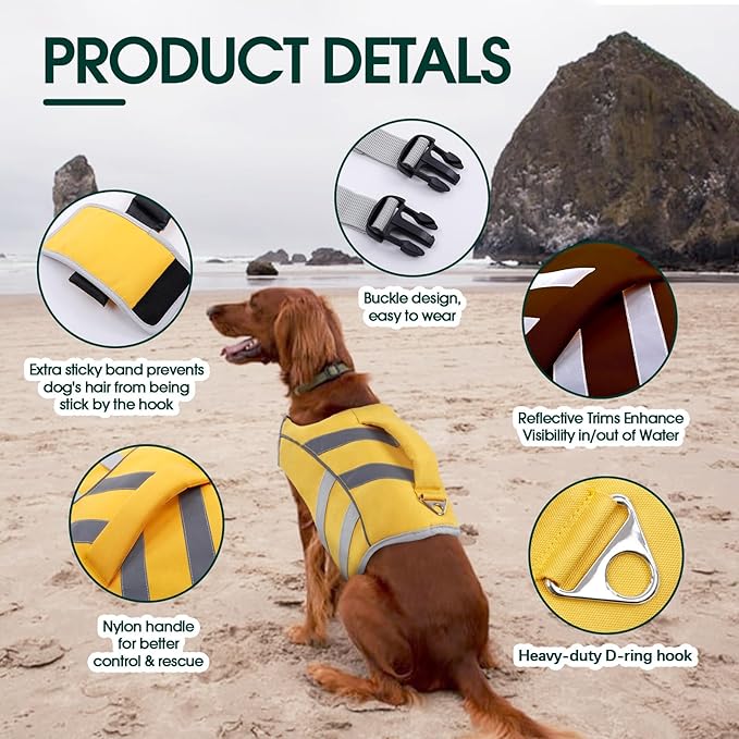 Kuoser Dog Life Jacket with Reflective Stripes, Adjustable High Visibility Vest Ripstop Lifesaver Pet Preserver Flotation Swimsuit for Small Medium and Large Dogs
