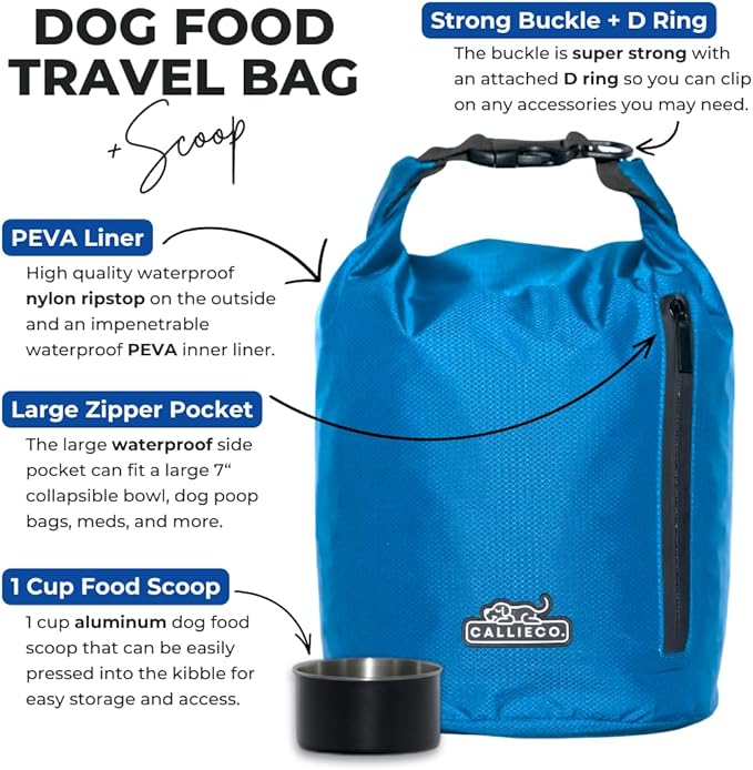 Callieco Dog Food Travel Bag w/ 1 Cup Scoop and Zipper Side Pocket | Waterproof Kibble Storage Container for Home, Road Trips, Camping, Boarding and More (Blue, 32 Cups)