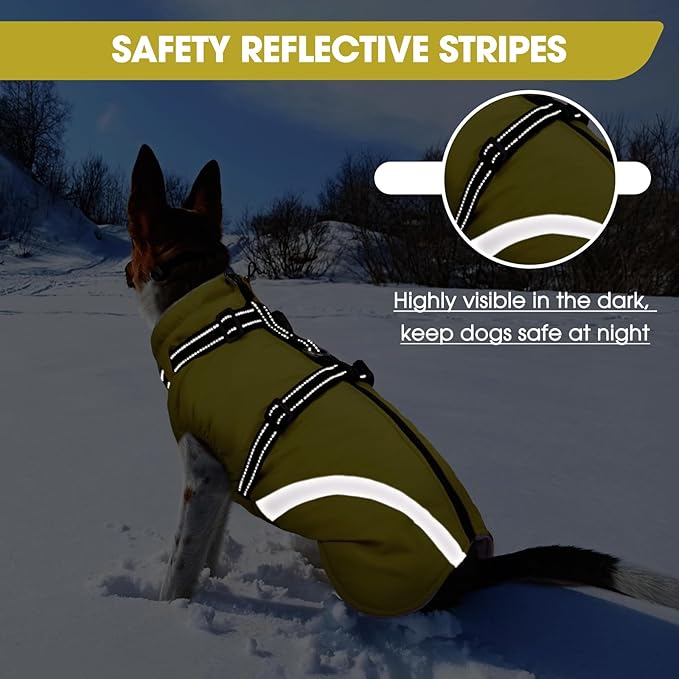 BRKURLEG Dog Winter Jackets for Large Dogs, Dog Coat with Harness Built in, Dogs Snowsuits with Zipper, Waterproof Windproof Pet Puffer Jacket Fleece Vest for Labrador, Dalmatian, Green XXL