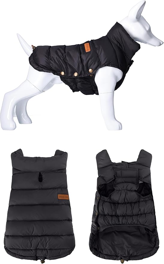 SPACE LION Dog Puffer Jacket, Down Winter Coat, Durable Outdoor Coat for Cold and Windy Conditions, Waterproof, Lightweight Jacket, Adjustable Fit for Small, Medium, Large Dogs(Black,8/XS)