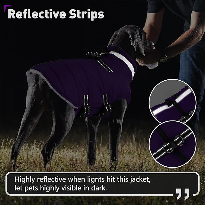 Dogcheer Dog Coat with Harness, Waterproof Dog Jacket Adjustable Pet Winter Coat with Zipper, Christmas Puppy Snow Jacket Fleece Sweater for Small Medium Large Dogs - Purple L