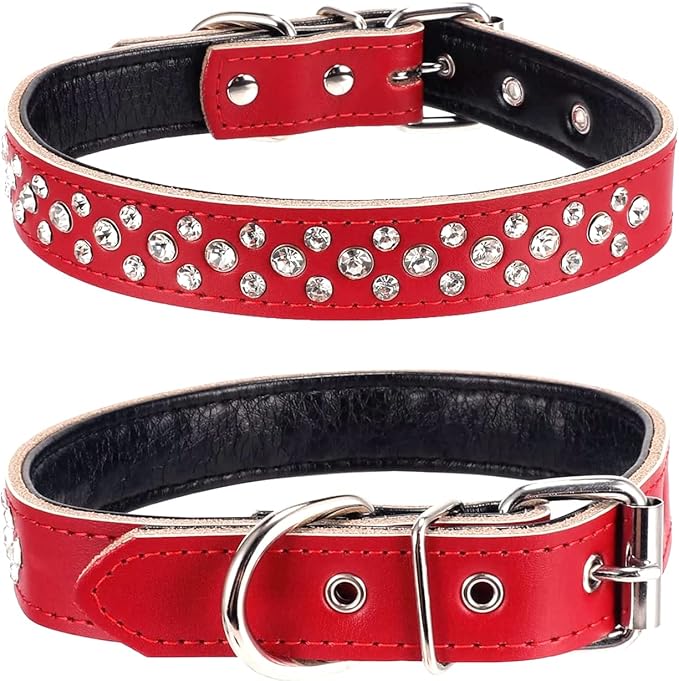 Rhinestones Dog Collar, Adjustable Sparkly Crystal Studded Genuine Leather Pet Dog Collar for Small and Medium Dogs (M, Red)