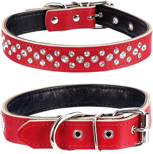 Rhinestones Dog Collar, Adjustable Sparkly Crystal Studded Genuine Leather Pet Dog Collar for Small and Medium Dogs (L, Red)