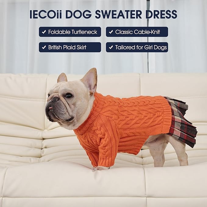 IECOii Big Girl Dog Sweater Dress, Cable Knit Sweater for Extra Large Dogs Girl, Orange, 4XL, Cute Dog Warm Dress for Fall Winter, Good Stretcy Fit Knitwear for Giant Breed Dogs Female Indoor Outdoor