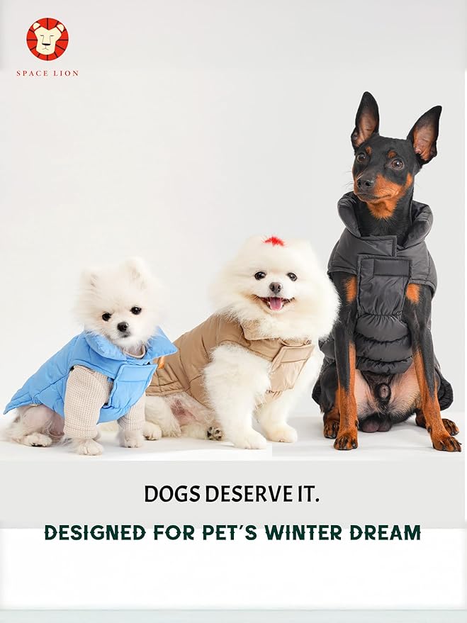 SPACE LION Dog Puffer Jacket, Down Winter Coat, Durable Outdoor Coat for Cold and Windy Conditions, Waterproof, Lightweight Jacket, Adjustable Fit for Small, Medium, Large Dogs(Khaki,10/S)