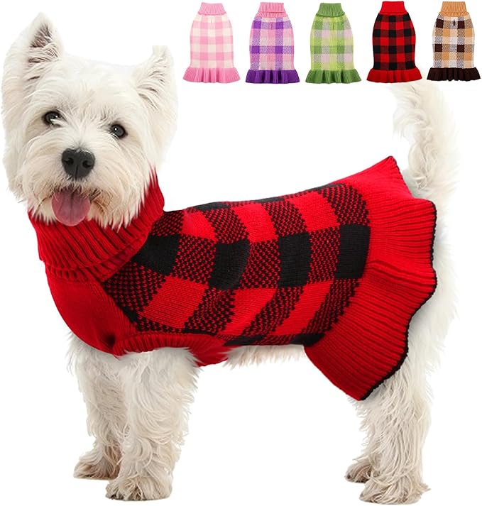 Dog Sweater Dress Plaid Knitwear for Small Medium Dogs Warm Puppy Pet Turtleneck Stretch Pullover Cute Fall Winter Vest Clothes with Leash Hole for Christmas (Red, 2XS)